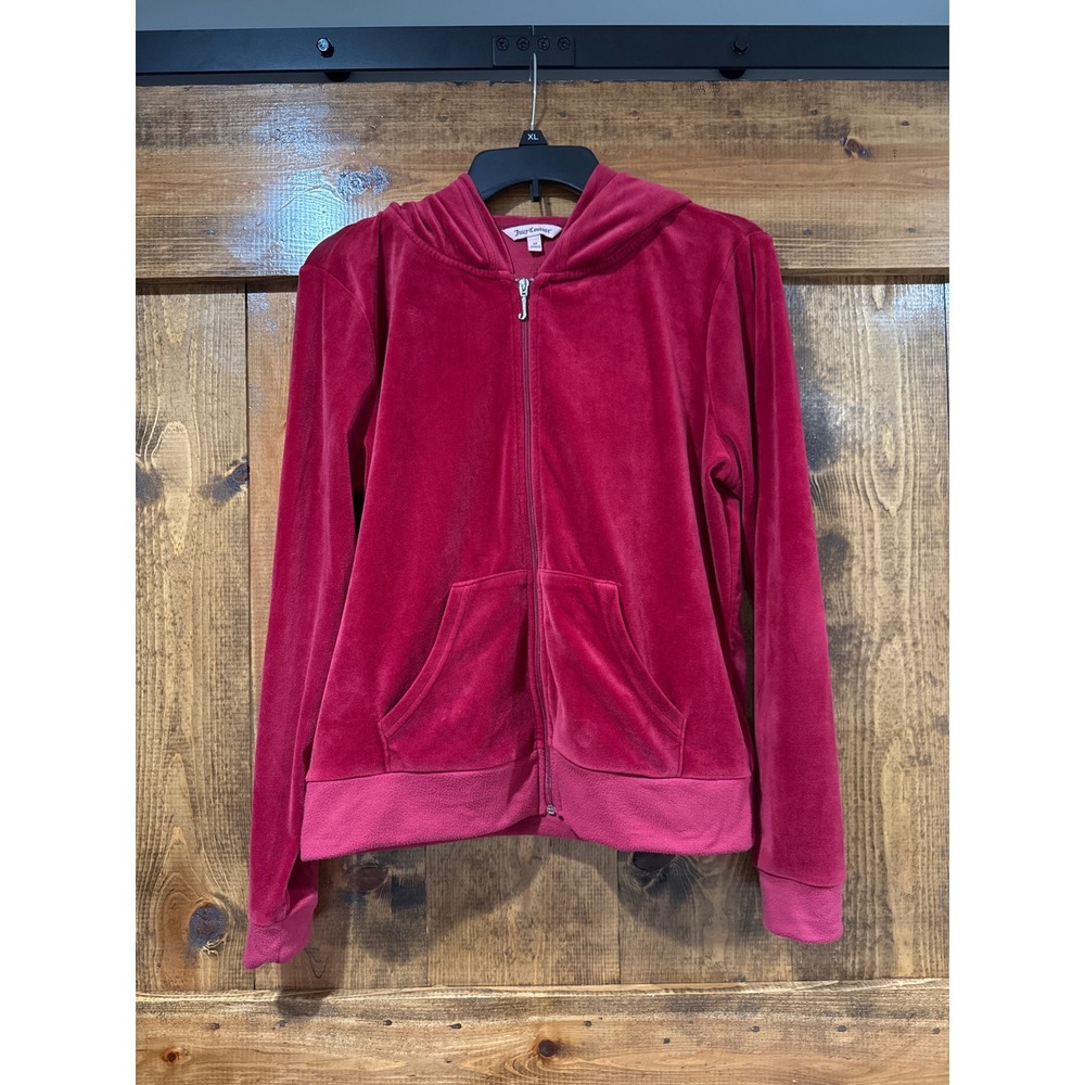 Juicy Couture‎ Velour Zip Up Hoodie Raspberry Pink Rhinestone Logo Womens Medium